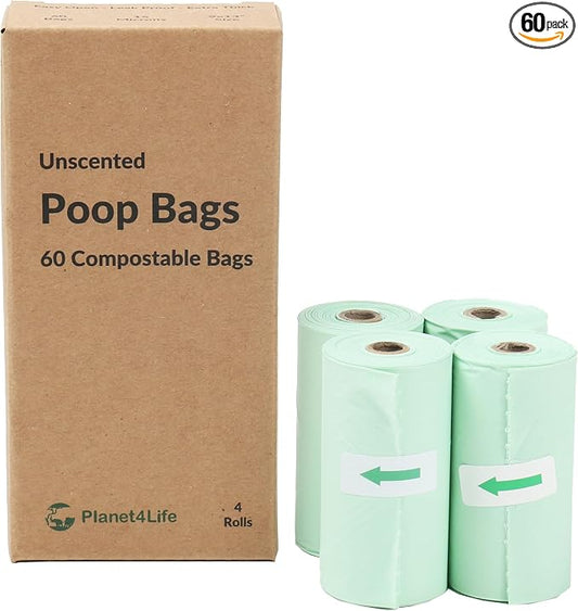 100% Compostable & Biodegradable Dog Poop Bags Leak-Proof and Extra Thick Light Green Dog Bags Pet Waste Bags for Big and Small Dogs - Unscented - Planet4Life (Pack of 60)