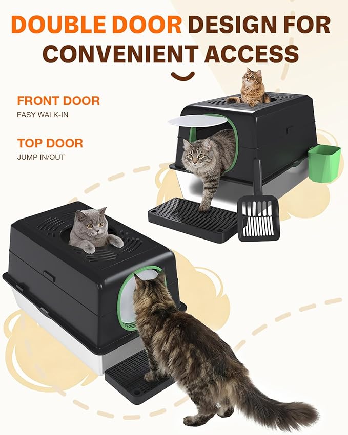 XL Stainless Steel Cat Litter Box with Lid, Enclosed High-Sided Top-Entry Design, Large Metal Kitty Litter Box Equipped with Scoop and Trash Bin, Black