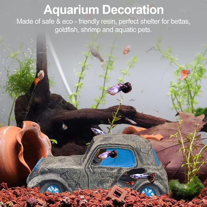 Virekm Resin Rock Cave Hideouts for Fish Tank Aquarium Decorations | Safe Natural Design Ornaments for Betta, Goldfish, Shrimp, Easy To Clean Aquarium Landscape Decor (car)