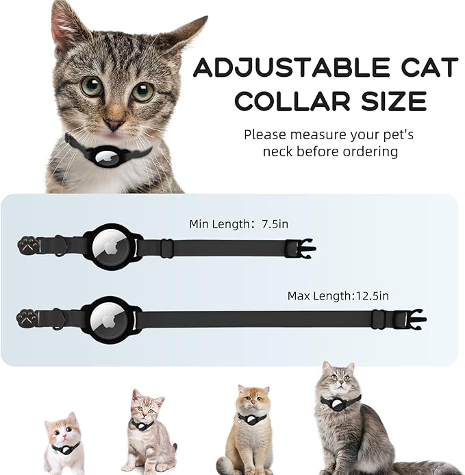 AirTag Cat Collars, Stretchy Collar with Apple AirTag Holder and Bell, Breakaway Ultra Design Elastic GPS Tracking Collars for Cats and Puppies, (7.5-12.5 Inch), Black