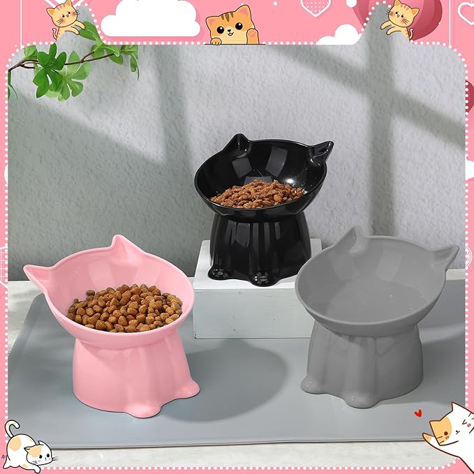 3 Pcs Elevated Cat Bowls 15°Raised Cat Food Bowl with Silicone Mat Whisker Friendly Anti Vomiting Cats Dishes Pet Food and Water Bowls for Indoor Cats Kittens Classic Pink, Grey, Black Pink, Grey, Bla