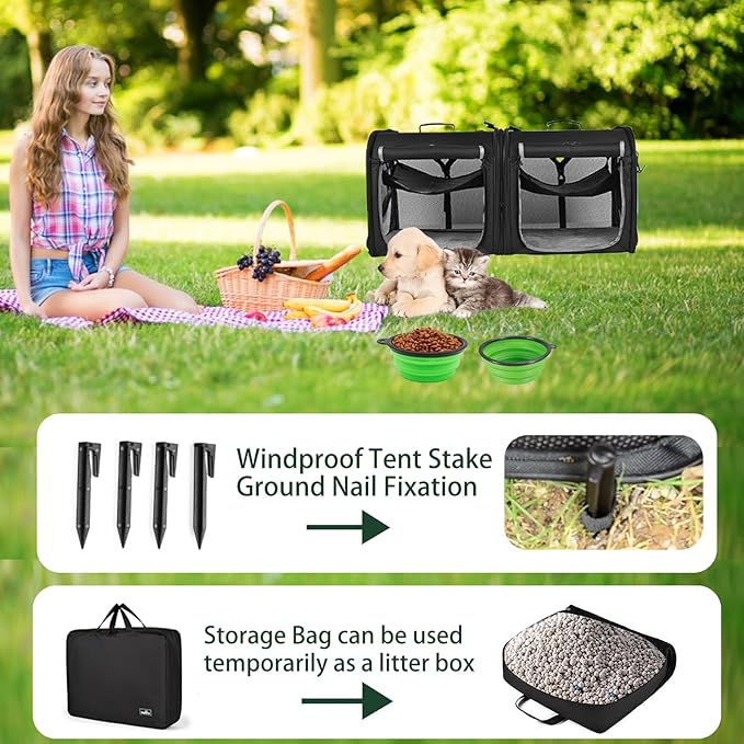 Wakytu Portable 2-in-1 Pet Carrier for Medium Dogs Large Cat Carrier for 2 Cats Travel Double Dog Crate Set with Portable Carry Bag/Hammocks/Mats/Tent Stakes/2 Pcs Pet Bowls for Outdoor Camping