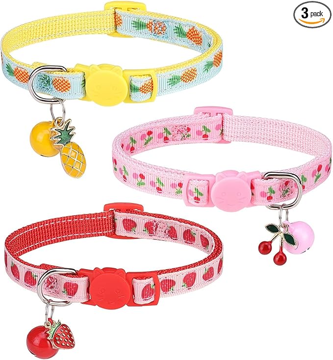 BINGPET Breakaway Cat Collar with Bell, 3 Pack Cat Collars for Girl Cats, Cute Kitty Collars Accessories with Pineapple & Cherry & Strawberry