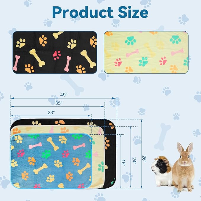YUEPET 3 Pack Waterproof Guinea Pig Blankets Washable Small Animal Fleece Cage Liners Soft Pet Mat Pigs Bedding for Hamster Rabbit Chinchilla Ferret 35''×24'', Blue+yellow+black
