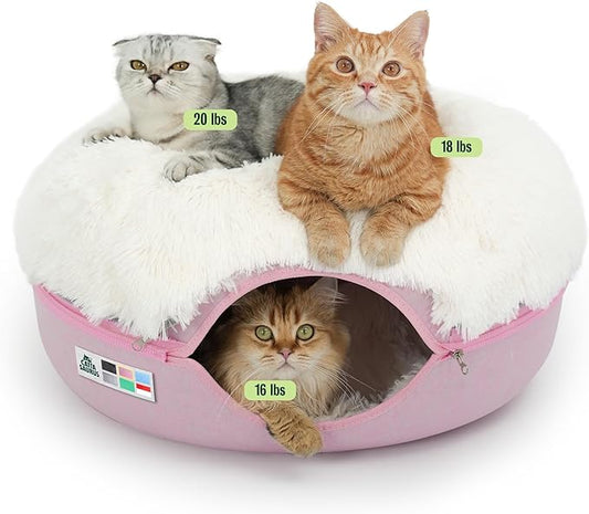 CATTASAURUS Peekaboo Cat Cave for Multiple & Large Cats Up to 30-45 Lbs, Fluffy Cat Beds for Indoor Cats, Scratch Detachable & Washable Tunnel Bed, Comfy Donut Cave (Pink, Large (Calming))