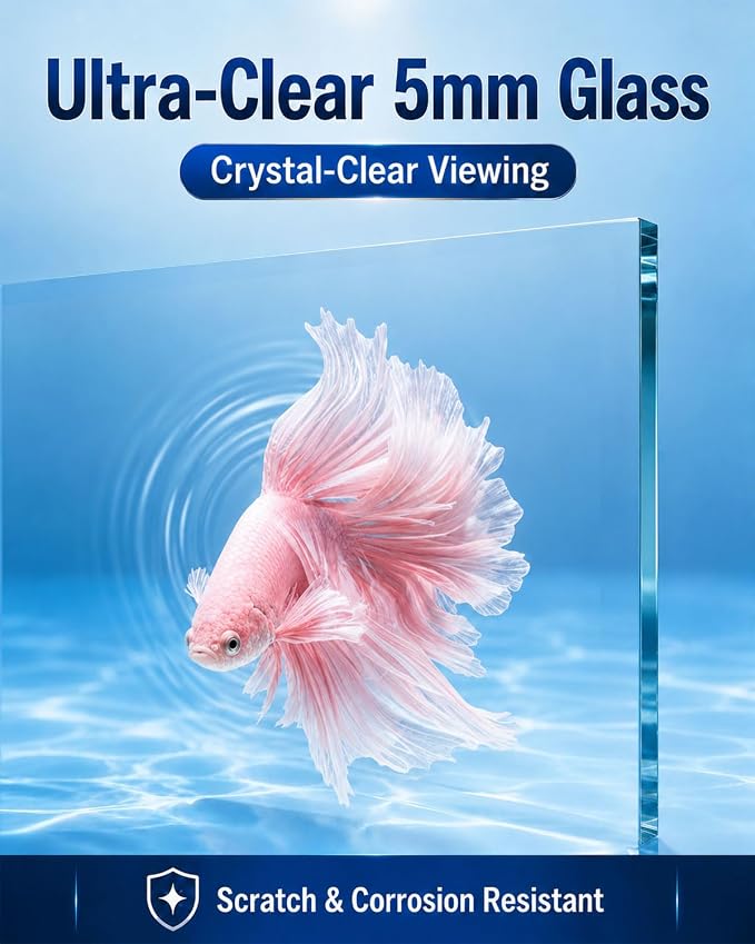 5 Gallon Glass Aquarium Starter Kit, Rimless Fish Tank | Complete Aquarium Kit with Adjustable LED Light, Filter, Lid & Mat for Betta Shrimp & Plants, Easy Setup and Maintenance