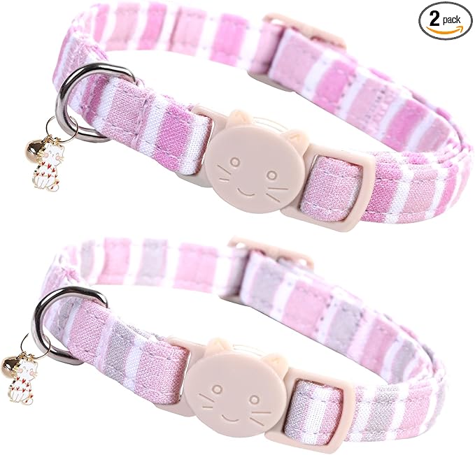 Elegant little tail 2 Pack Cat Collar-Pink Strip Cotton Breakaway Cat Collars with Bell Pendant Kitten Girl Safety Adjustable Collar for Small Cats Puppy