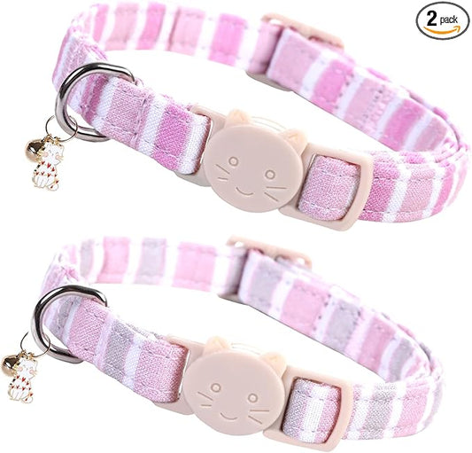 Elegant little tail 2 Pack Cat Collar-Pink Strip Cotton Breakaway Cat Collars with Bell Pendant Kitten Girl Safety Adjustable Collar for Small Cats Puppy