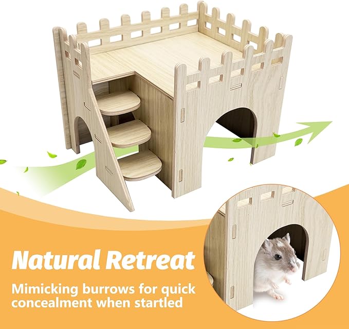 BNOSDM Hamster Hideout Set Gerbil Wooden House with Stairs Wood Hide Hut with Fun Slid Seesaw Cage Accessories for Dwarf Hamsters Mouse Mice