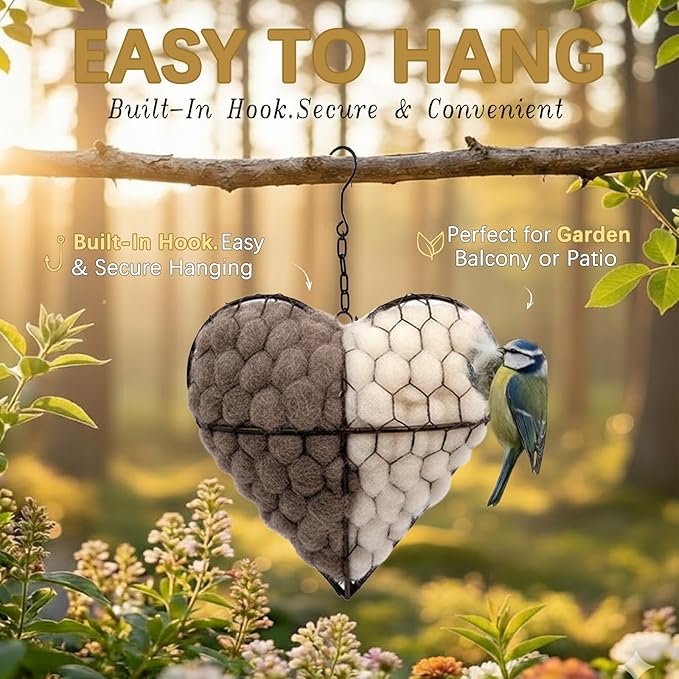 Bird Nesting Material, Hummingbird Nesters, Natural Alpaca Wool Material for Wild Birds, Design for Bird Lover Gifts, Refillable Outdoor Bird Nesting Station (Heart)