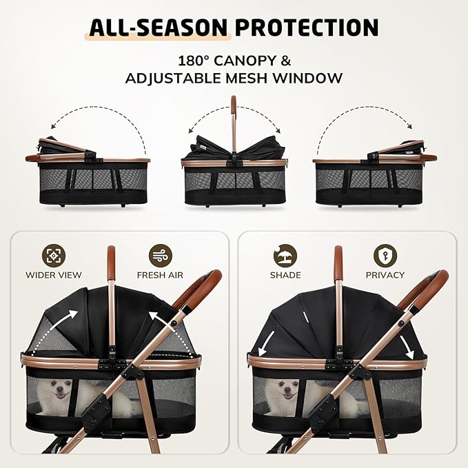 Pet Stroller for Small/Medium Dogs & Cats Up to 50 lbs, 3-in-1 Foldable Stroller w/Detachable Carrier & Car Seat, Removable All-Season Liner, Sunshade, Storage Basket & Cup Holder, All-Terrain, Black