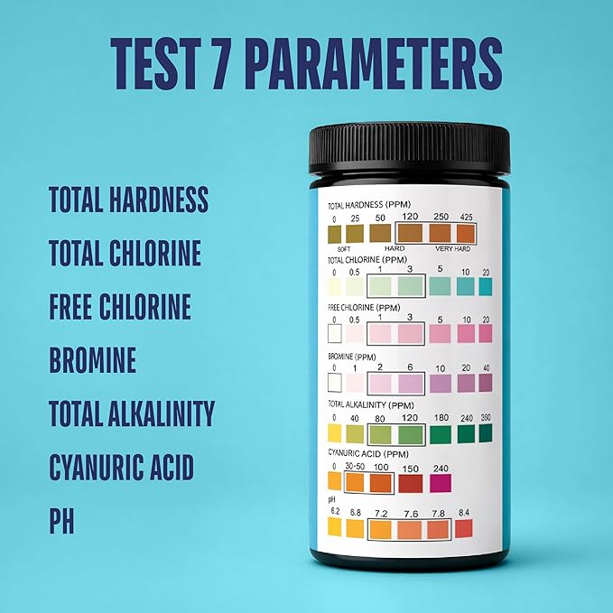 JNW 7-in-1 Pool Test Strips, 100 Quick & Accurate Test Strips for Pool Water, Spa Test Strips for Hot Tub, Chlorine Test Strips, Bromine, pH, Alkalinity, Hardness & More - Swimming Pool Test Kit