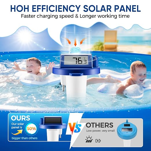Solar Wireless Floating Pool Thermometer - Upgraded IPX8 Waterproof Easy Read Digital Thermometer with Time, Indoor Temperature & Humidity Monitor for Swimming Pools, Spas, Hot Tubs (Dark Blue 1pack)