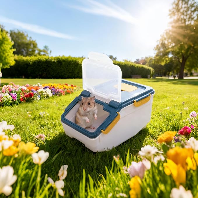 Large Chinchilla Sand Bath Container Kit with Sand Cup & Shovel | Plastic Dust Bath House for Hamster, Hedgehog, Guinea Pig, Squirrel & Small Animals | Pet Room (Blue)
