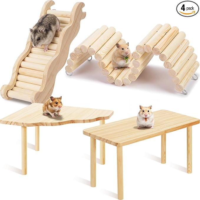 BreezeHug 4 Pcs Hamster Platform Hideout Wooden Tunnel Ladder Playhouse Hamster Game Climbing Toy with Platform Cage Accessories for Pets Dwarf Syrian Mice Degus Gerbils Squirrel(Climber)