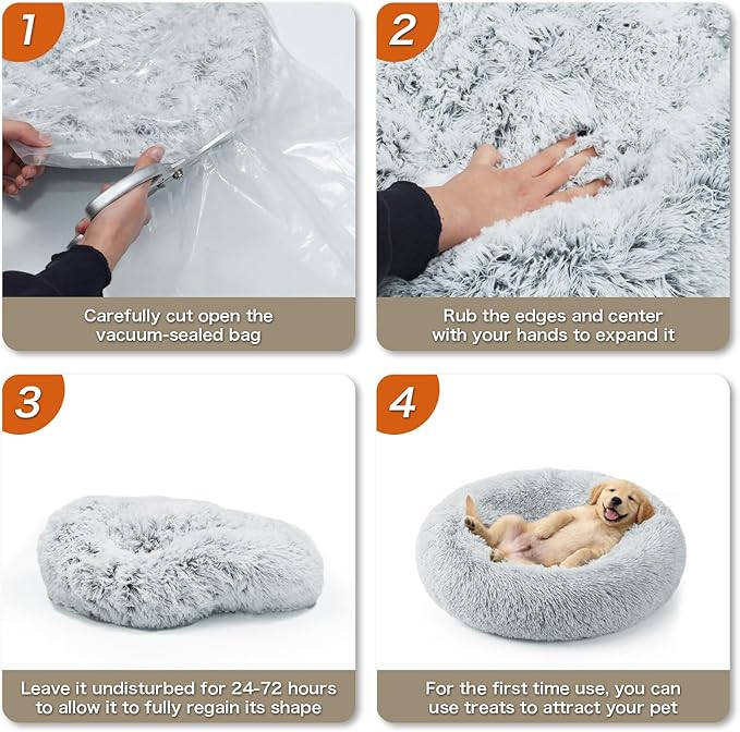 WROS Calming Dog Bed, 24" x 24" x 6" Fits Cat & Dog, Anti-Slip Round Washable Faux Fur for Doze Off, Napping Orthopedic, Grey