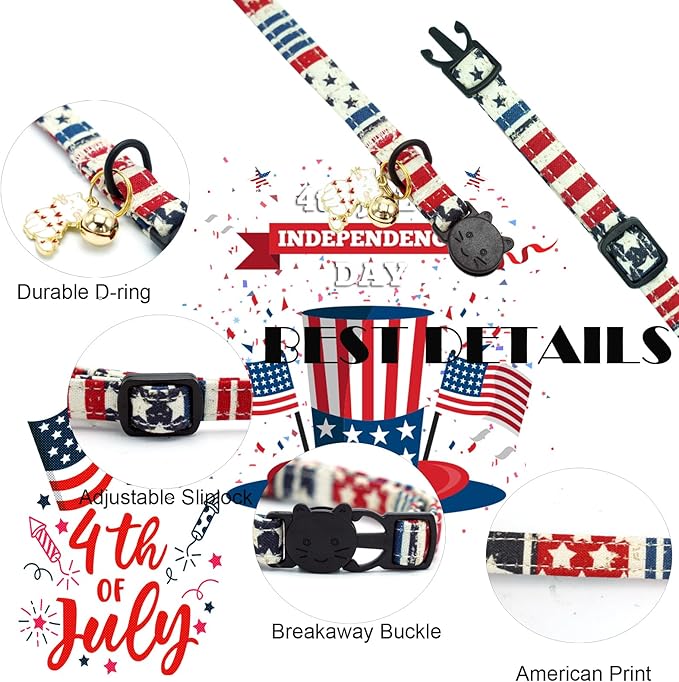 Elegant little tail Independence Cat Collar- 2 Pack Flag Print Cotton Breakaway Cat Collars with Bell Pendant Kitten Boy Girl Safety Adjustable Collar for Small Cats Puppy