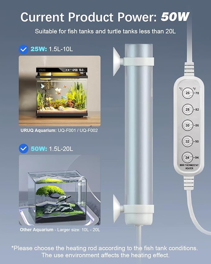 URUQ Small Aquarium Fish Tank Heater: 50W Submersible Aquarium Heater Adjustable Temperature Ultra-Low Water Level for Betta Fish Starter Kit - 5-10 Gallon Mini Aquarium