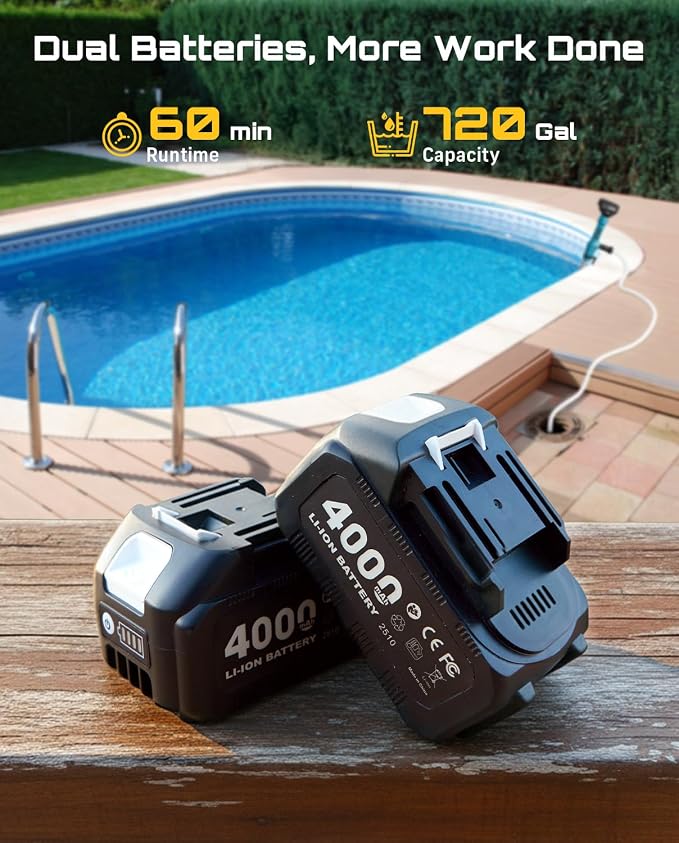 SEESII Cordless Stick Water Pump, 2.2" Slim Head, Water & Diesel Transfer | 720GPH & 16FT Lift, 2×4.0Ah Lithium Batteries, 30-Min Runtime Per Battery, for Pool Garden Pond Boat Basement RV Rain Barrel
