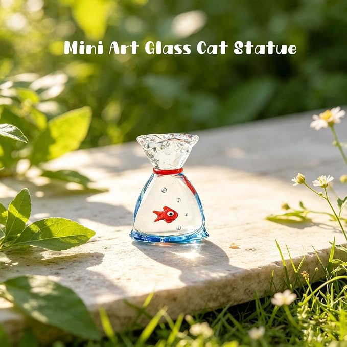 Hand Blown Glass Fish in Bag Figurine, Mini Art Glass Goldfish Ornament, Handmade Crystal Fish Bag Collectible Statue, Tabletop Decor Gift for Fish Lovers Home Shelf Decoration (Small Lucky Bag Fish)