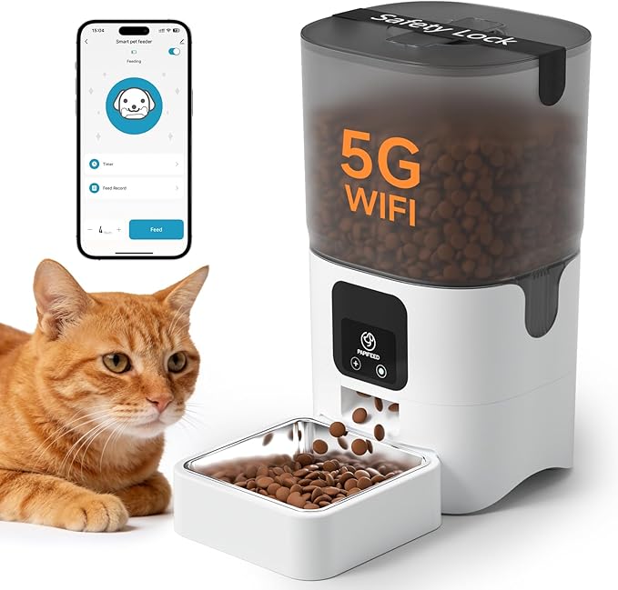 PAPIFEED Automatic Cat Feeder with App, 5G WiFi Cat Food Dispenser, 6L Timed Cat Feeder for Dry Food, 10 Meals/Day, 12 Portions/Meal, Dual Power Supply Smart Pet Feeder for Small Dog, White