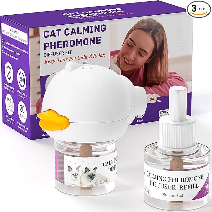 Cat Calming Pheromone Diffuser Kit for Cat/Kitten Anxiety Relief Stress Reduction, 48ml x 2 and1 Plug-in Diffuser Reduces Common Signs of Stress and Fear
