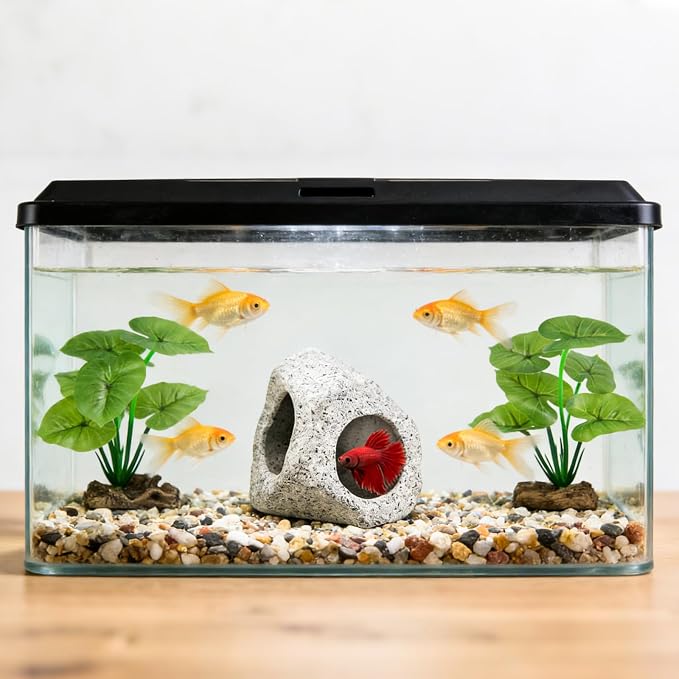 3pcs Fake Fish Tank Decor Set, Silk Realistic Aquarium Plants with Hideaway Rock Cave Fish Tank Accessories for Betta Goldfish Turtle Aquarium Decorations