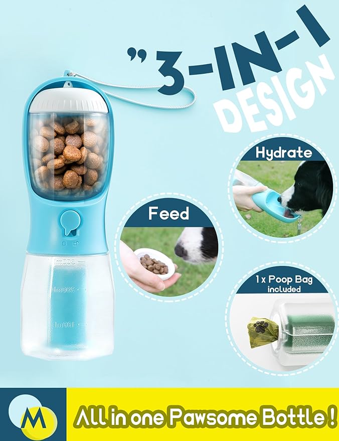 Portable Water Bottle for Small Dogs, 3 in 1 Animal Pet Travel Bowl Dispenser with Food Treat Container & Poop Bag Holder, Summer Hiking Walking Accessories for Puppy On The Go - Blue, 10oz