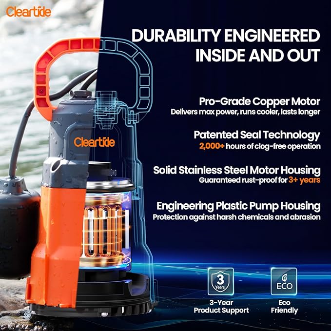 Cleartide Submersible Water Utility Pump with Float Switch, 8160 LPH High Flow,100% Copper Motor, Ideal for Yard and Flooded Cellar, Hot Tub, Garden Irrigation,10 FT Cord