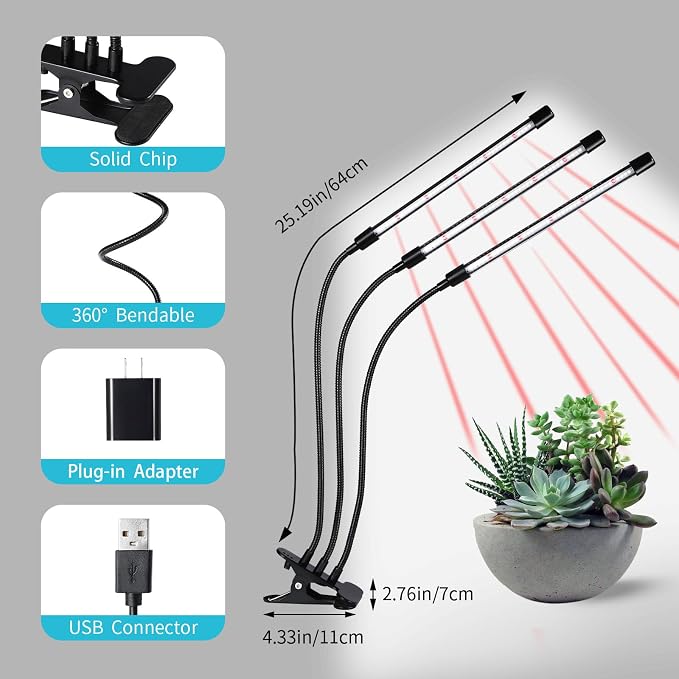 Black Grow Lights for Indoor Plants, 126LEDs Clip Plant Lights, Full Spectrum LED Plant Growing Lamps with Flexible Gooseneck, 4/8/12/18H Timer, 3 Spectral Modes, 10 Dimmable Levels, 3 Head 1 Pack