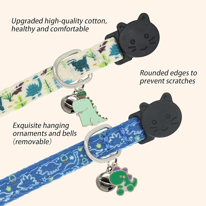 Cat Collar Breakaway, 2 Pack Cotton Kitten Collars with Bells and Removable Charms, Cute Dinosaurs Shaped for Indoor Boy, Girl and Adult Cats
