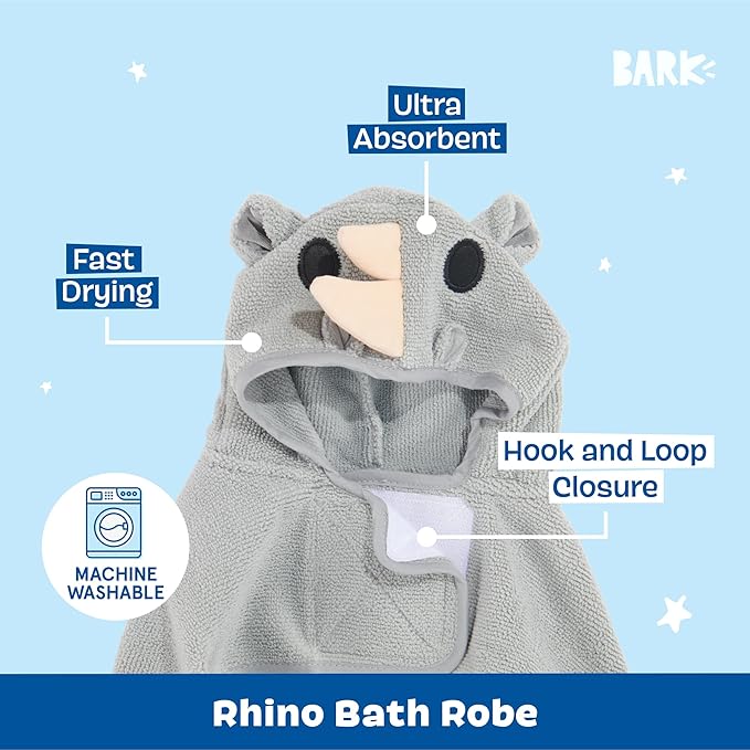 Barkbox Dog Bathrobe Fast Drying with Hook and Loop Closure & Wrap Tie Snuggle, Cute Dogs Clothes, Easy to Clean, Machine Washable, Dog Coats for Small Dogs, Tumble Dry Low - Rhino, Small