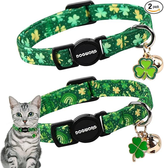 2 Pack St.Patrick's Day Kitten Collars,DOGWONG Cute Shamrock Breakaway Kitty Collars,Spring Green Trefoil Cat Collar with Bell, Lucky Clover Kitten Collars for Girl & Boy Cats