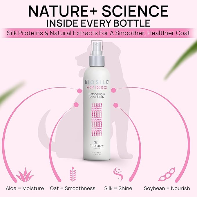 BioSilk for Dogs Silk Therapy Detangling and Shine Protecting Spray, pH Balanced Leave-in Mist with Silk and Vitamins for Dematting, Paraben-Free, All Coats and Breeds, 8 Fl Oz - 2 Pack