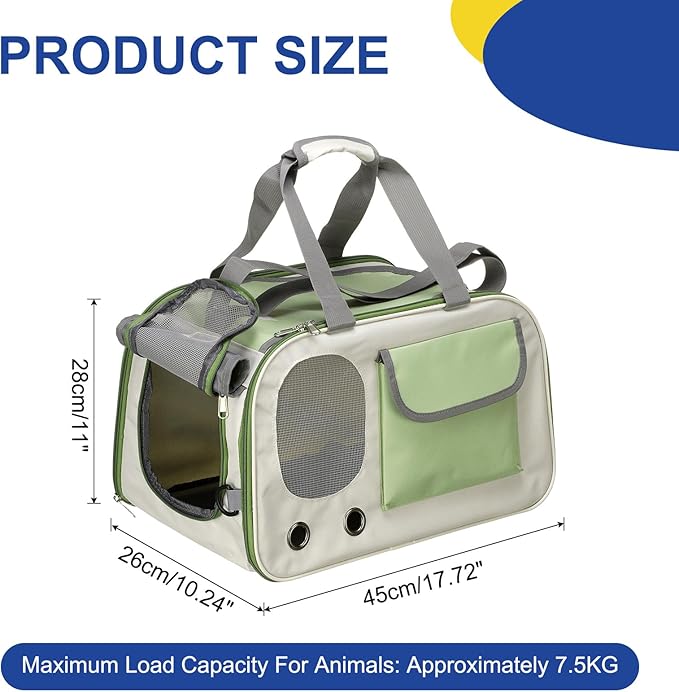 Pet Dog Carrier, Portable Expandable and Ventilated, Oxford Cloth Cats and Small Animals Travel Bag 17.72" Up to 16.5 Lbs, (Green), Intended for Hiking/Camping/Traveling