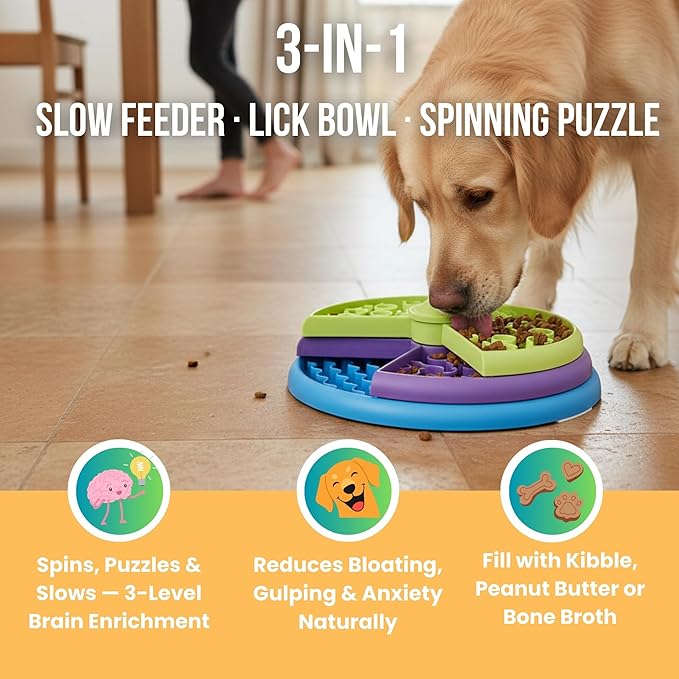 Slow Feeder Dog Bowl – 3-Level Puzzle Feeder for Dogs, Licking Bowl for Liquid Treats, Dog Slow Feeder Insert, Enrichment Feeder for Large Medium Small Breeds
