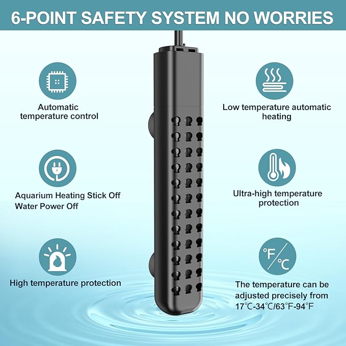 100W Aquarium Heater for 10-20 Gallon with Auto Shut-Off When Leaving Water—Submersible Fish Tank Heater, Dry-Burn & Overheat Protection, Explosion-Proof, Freshwater Saltwater Turtle Tank