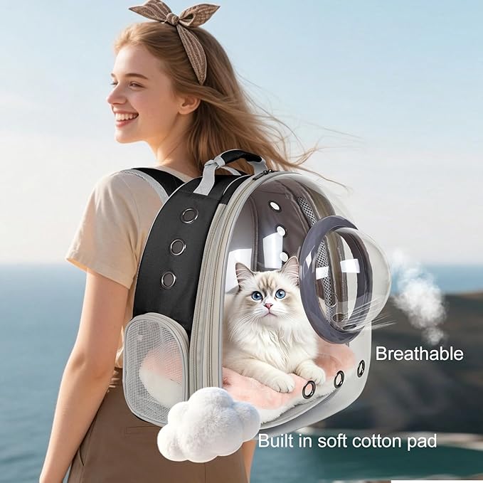 Front Extension Cat Backpack Carrier, Pet Travel Backpack for Kitten and Small Dogs, Clear Bubble Window Space Capsule Astronaut Liked Portable Vet Visit Book Bag Airline Approved