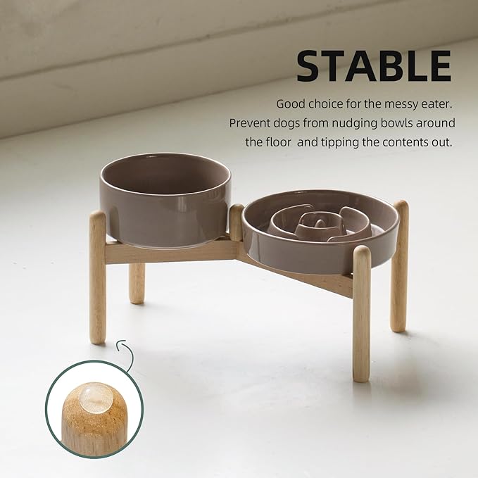 Havniva Ceramic 1.2 Cup Raised Slow Feeder Dog Bowl Set, Elevated 6.1inch Bowl and 7.3inch Puzzle Slow Food Dish with Wooden Stand for Medium and Small Dog, Anti-Gulping (2 x Brown Coffee+ Stand)