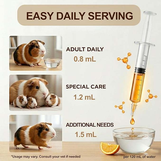 Guinea Pig Vitamin C Liquid Drops Guinea Pigs Accessories Supplement Supplies for Food Essentials Water Drops and Treats No-Drip Formula (4 fl oz)