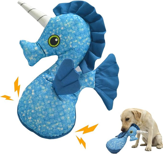 11.42" Recycled Canvas Seahorse Squeaky Dog Toy, Durable Stuffed Chew Toy for Puppy Teething, Interactive Play for Small Medium Large Dogs