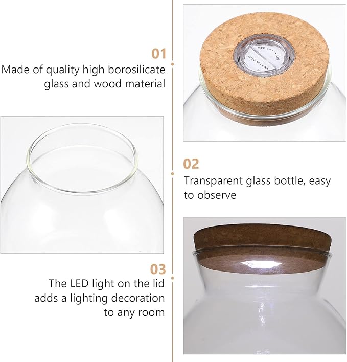 Hemobllo Led Light Ecological Bottle Glass Fish Tank 5.51X5.11X5.11In for DIY Micro Landscape Aquarium Bowl with Lid Small Betta Fish Terrarium Container