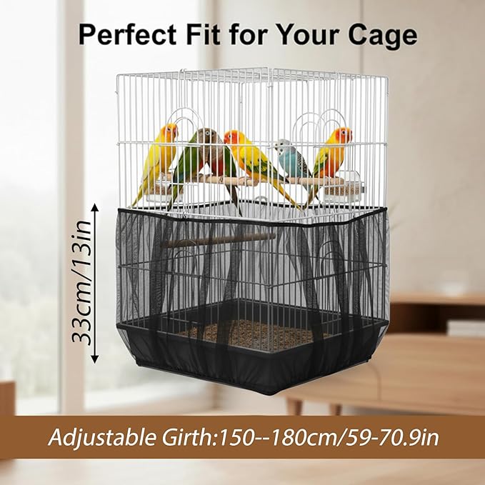 Bird Cage Net Seed Catcher Net Cover Black Adjustable Breathable Mesh Parrot Cage Skirt Guard for Parrot Cockatiel Budgie Fits Round Square Cages