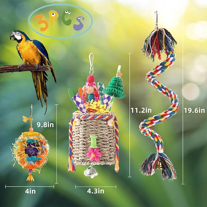 RLRICH 3 Pack Bird Toys Parrot Foraging Toys, Seagrass Basket Bird Chewing Toys with Colorful Tearing Paper Bamboo Fingers Natural Nut Wooden Blocks for Small Medium Parrot Bird