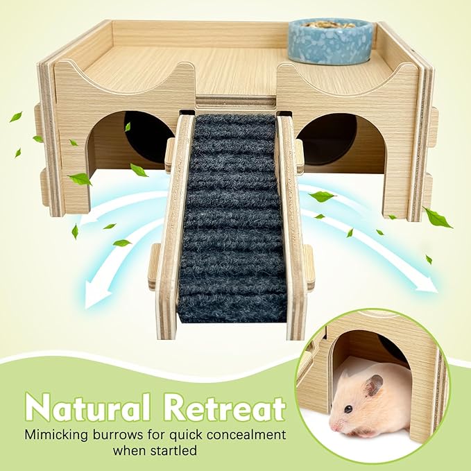 BNOSDM Wooden Hamster Hideout Syrian Hamsters Multi-Room Hideouts & Tunnel Exploring Toys Gerbils Wood House with Ladder for Dwarf Mouse Mice Rat and Other Small Animals