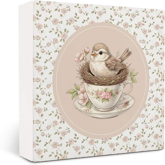 Flower Bird Wooden Box Sign Desk Decor, Rustic Bird Nest Teacup Wood Block Sign for Girls Room Nursery Bedroom Home Desk Table Shelf Wall Decorations, 5x5 Inch