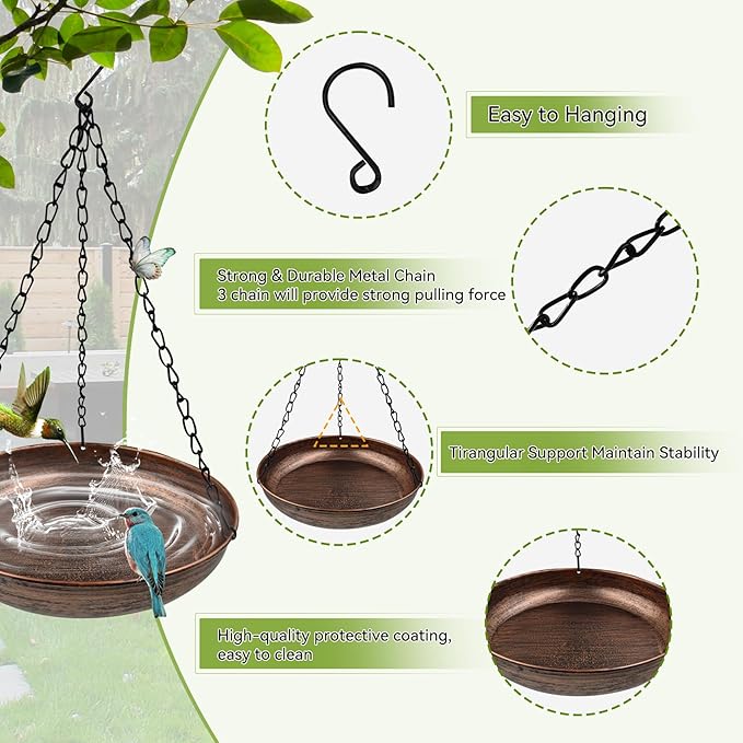 Hanging Bird Bath for Outside, 10" Metal Bird Bath Bowl with Chains & Hook Outdoor Hanging Birdbath for Tree, Gazebo, Patio, Balcony, Gift for Bird Lovers