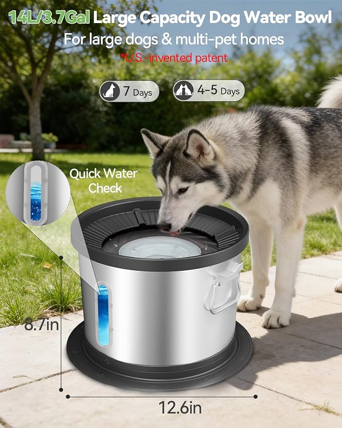 UPSKY 14L No Spill Dog Water Bowl, Stainless Steel Spill Proof Dog Bowl with Water Window, Dual-Suction Anti-Slip Large Capacity Slow Drinking Bowl with Floating Disk for Large Dogs & Messy Drinkers