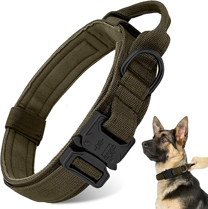 Tactical Dog Collar - Military Dog Collar, Adjustable Heavy Duty Metal Buckle Nylon Collar with Control Handle for Small Medium Large Dogs (Green, M)