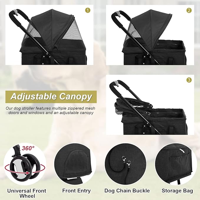BestPet Pet Stroller Premium 3-in-1 Multifunction Dog Cat Jogger Stroller for Medium Small Dogs Cats Folding Lightweight Travel Stroller with Detachable Carrier, Black